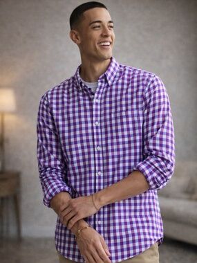 Modern Preppy Plaid Shirt Regular Fit Cotton Button Down Pink‎ Blue XL